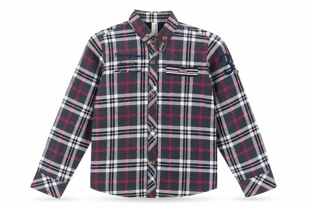 Front view of negin couture boys’ grey check basic button-up, size 4, years