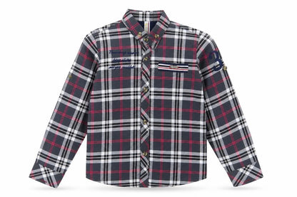 Front view of negin couture boys’ grey check basic button-up, size 4, years