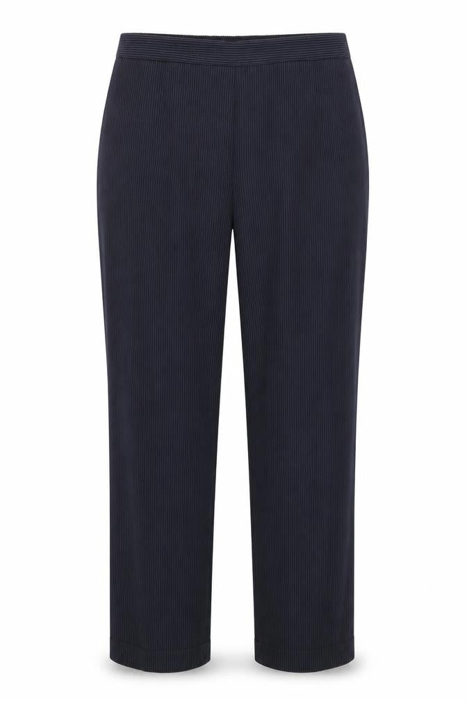 Front view of Emma Collection women’s blue striped trousers, size UK 12, 28-inch leg