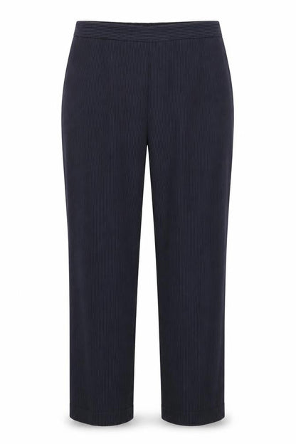Front view of Emma Collection women’s blue striped trousers, size UK 12, 28-inch leg