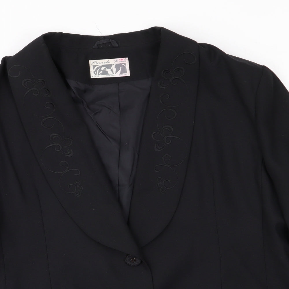Close-up detail of French Kiss women’s black jacket blazer, size UK 16