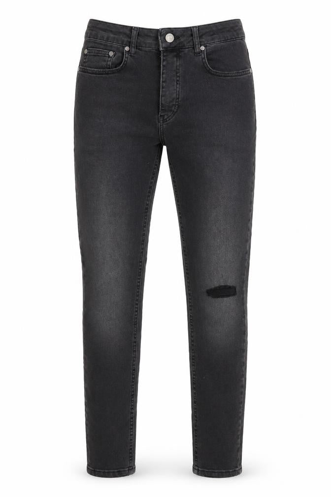 Front view of boohooMAN men’s grey skinny jeans, size 30, in, 28-inch leg