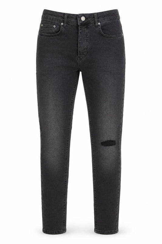 Front view of boohooMAN men’s grey skinny jeans, size 30, in, 28-inch leg