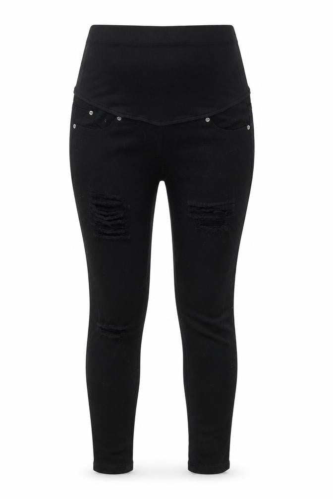 Front view of Boohoo women’s black denim skinny jeans, size UK 10, 27-inch leg