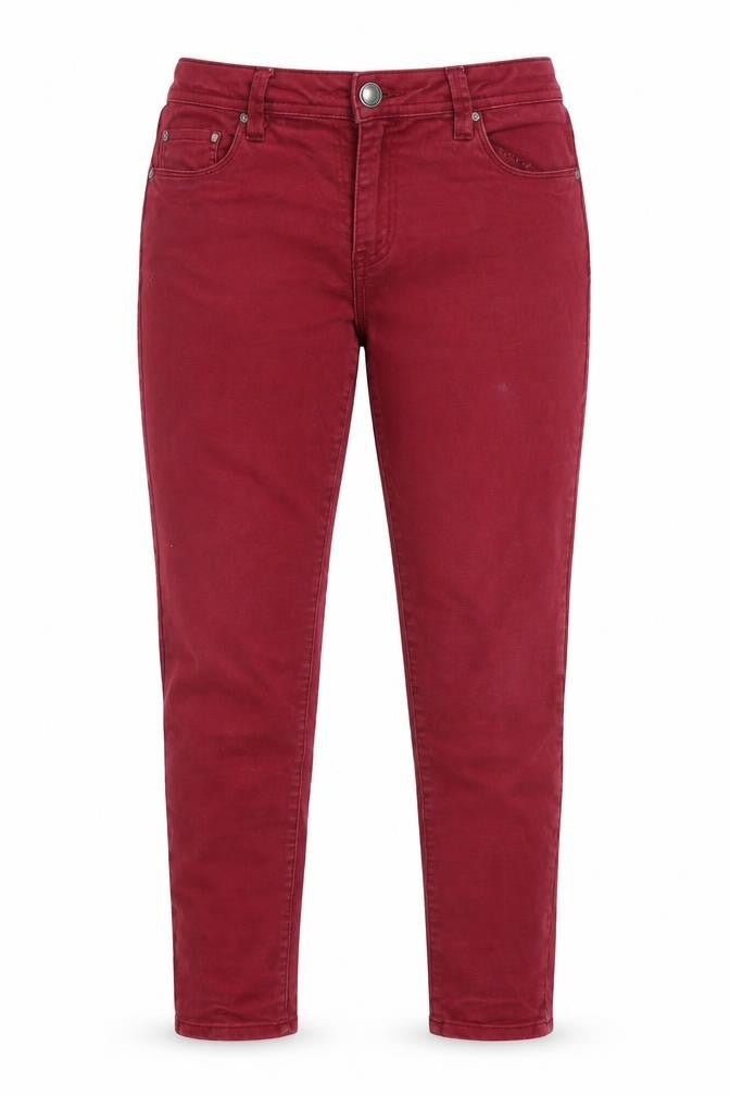Front view of women’s purple denim skinny jeans, size UK 12, 25-inch leg