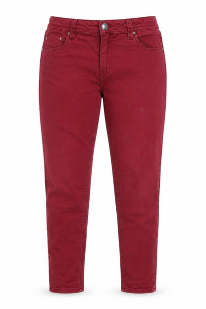 Front view of women’s purple denim skinny jeans, size UK 12, 25-inch leg