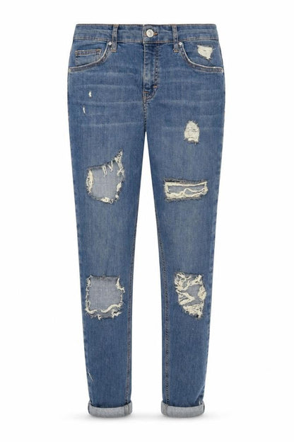 Front view of Topshop women’s blue denim tapered jeans, size UK 28, in, 28-inch leg