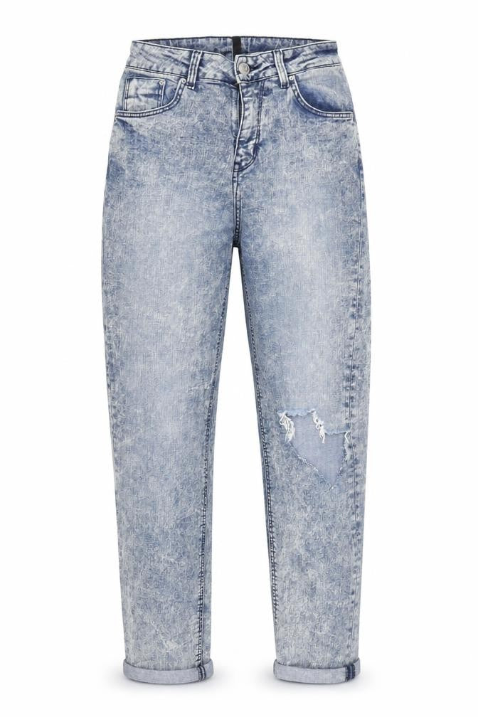 Front view of H&M women’s blue denim mom jeans, size UK 6, 27-inch leg