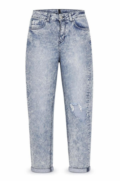 Front view of H&M women’s blue denim mom jeans, size UK 6, 27-inch leg