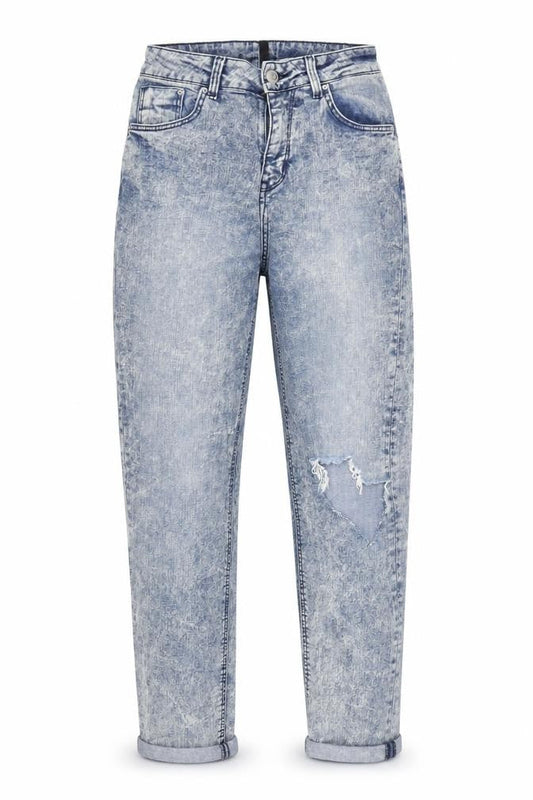 Front view of H&M women’s blue denim mom jeans, size UK 6, 27-inch leg
