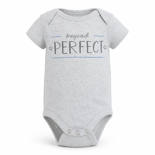 Front view of Studio Retail Baby Grey Babygrow One-Piece, size 0-3, Months - Beyond Perfect