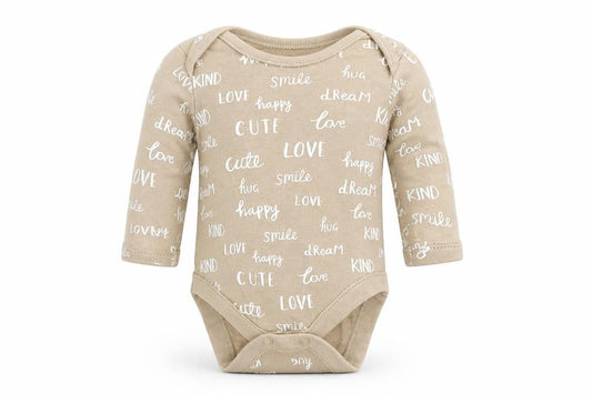 Front view of George Baby Brown Babygrow One-Piece, size 0-3, Months - Cute Love Smile