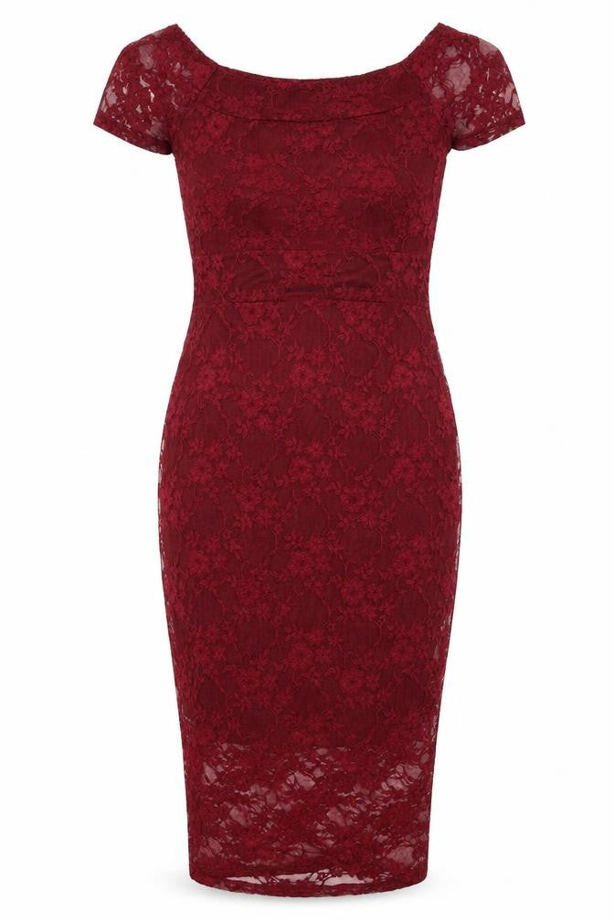 Front view of Boohoo women’s red lace bodycon, size UK 8