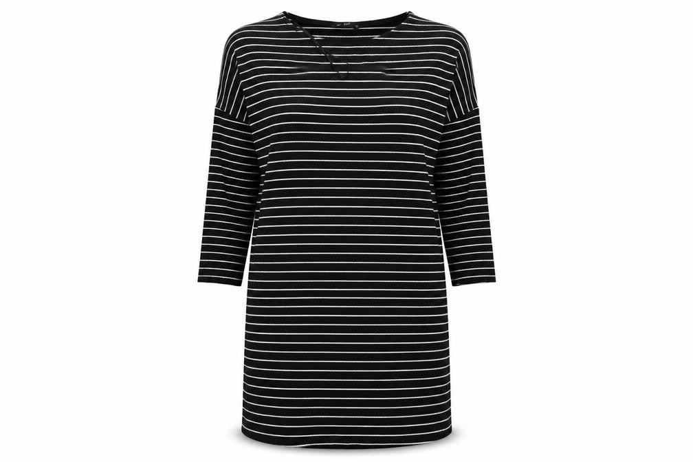 Front view of F&F women’s black striped t-shirt dress, size UK 10
