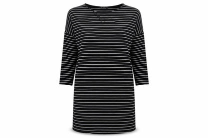 Front view of F&F women’s black striped t-shirt dress, size UK 10