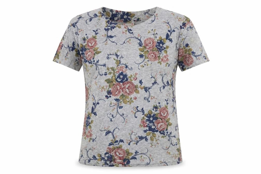 Front view of Patchwork women’s grey floral basic t-shirt, size M