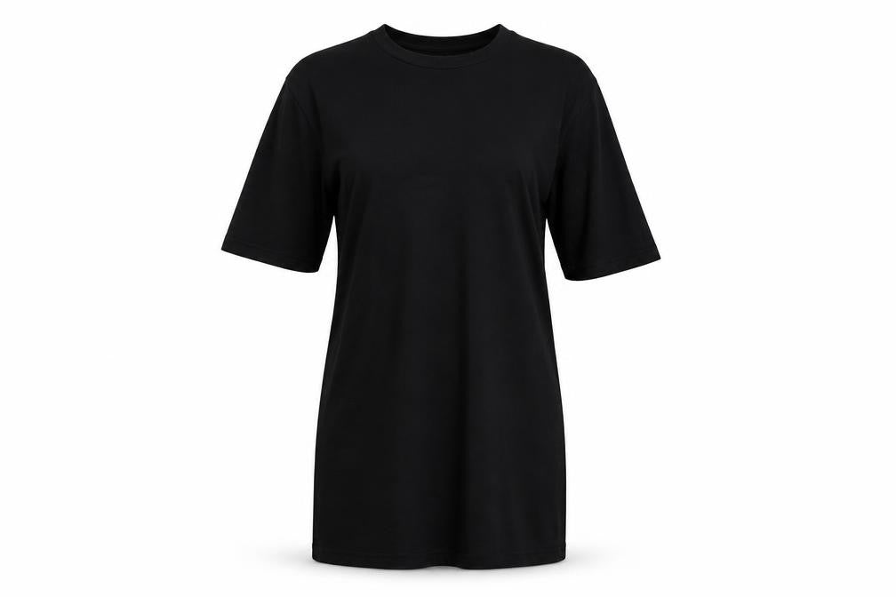 Front view of Boohoo women’s black t-shirt dress, size UK 8
