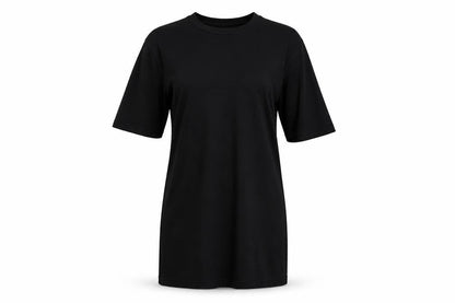 Front view of Boohoo women’s black t-shirt dress, size UK 8