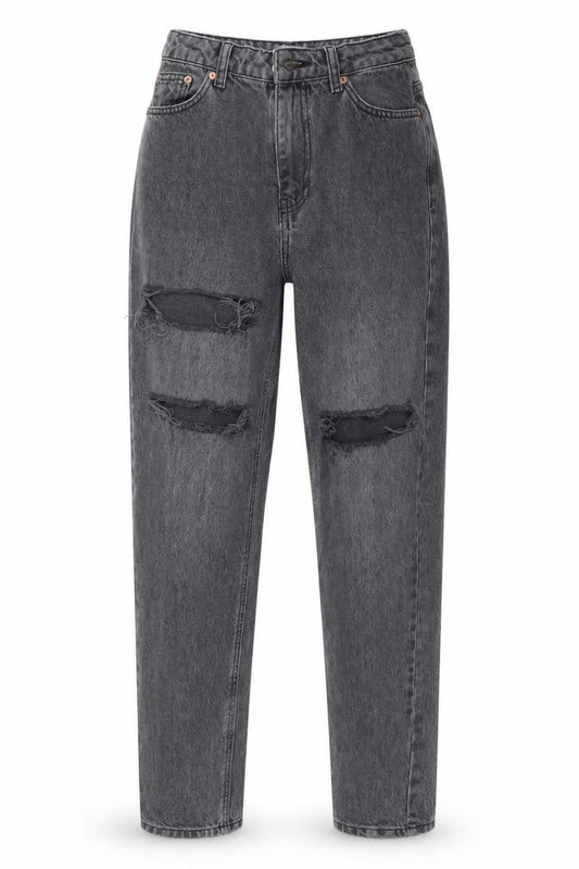 Front view of Topshop women’s grey mom jeans, size UK 26, 36-inch leg