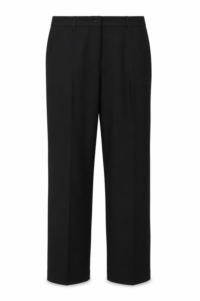 Front view of Kustom Kit women’s black trousers, size L, 30-inch leg