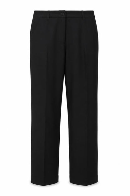 Front view of Kustom Kit women’s black trousers, size L, 30-inch leg