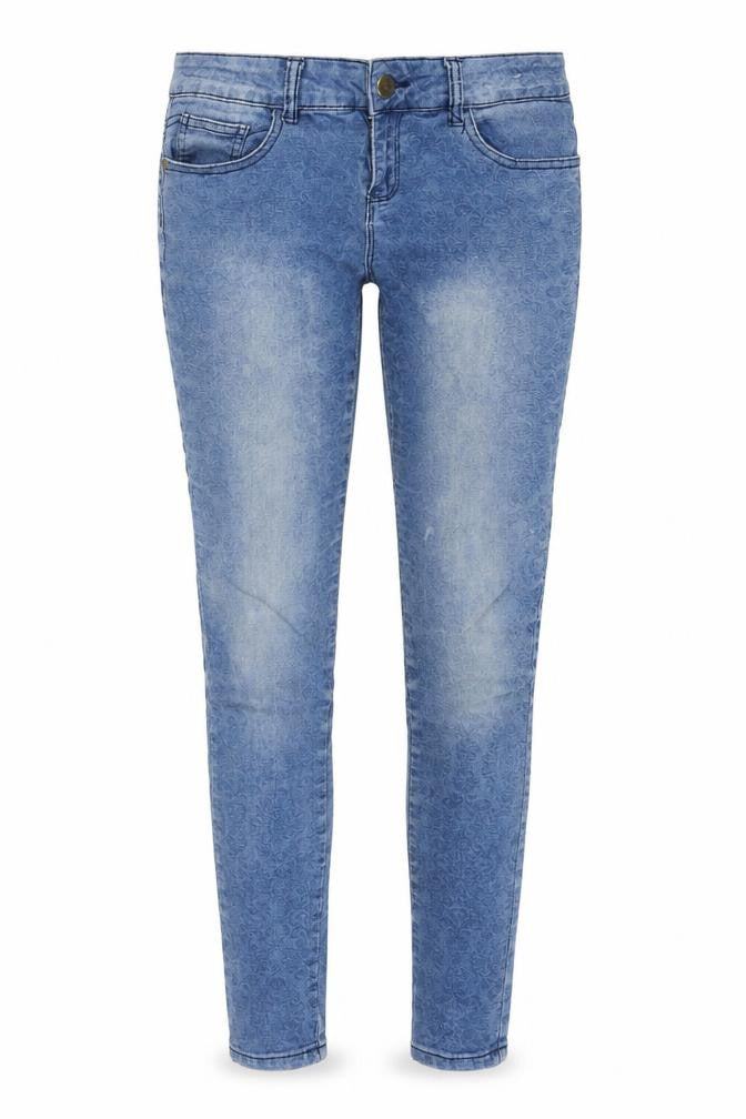 Front view of women’s blue denim skinny jeans, size UK 10, 29-inch leg