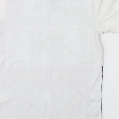 Brand and care label for Preworn boys’ white basic t-shirt, size 9, years