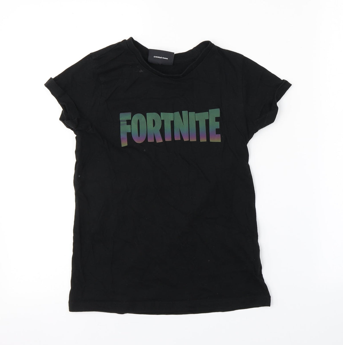Front view of Preworn boys’ black basic t-shirt, size M, - fortnite