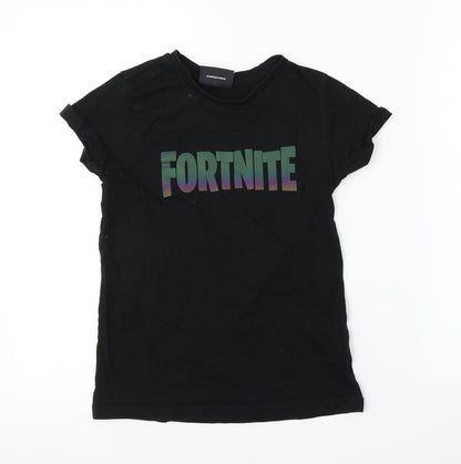 Front view of Preworn boys’ black basic t-shirt, size M, - fortnite
