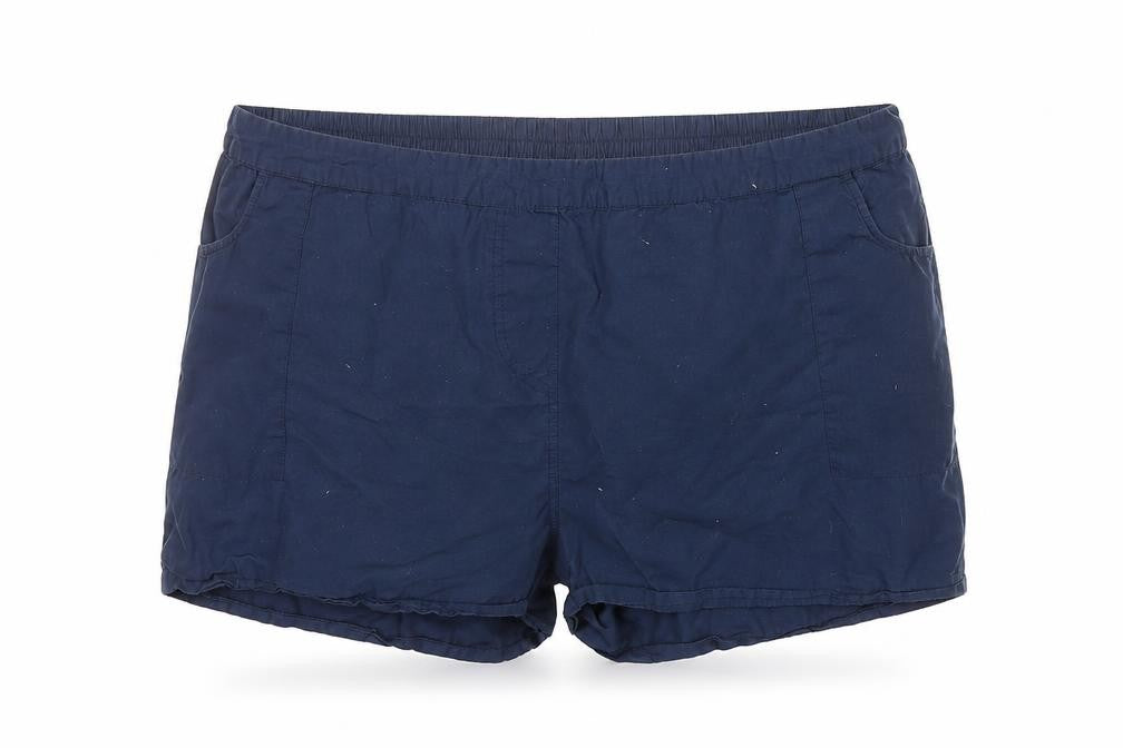 Front view of Anthology women’s blue hot pants shorts, size UK 26