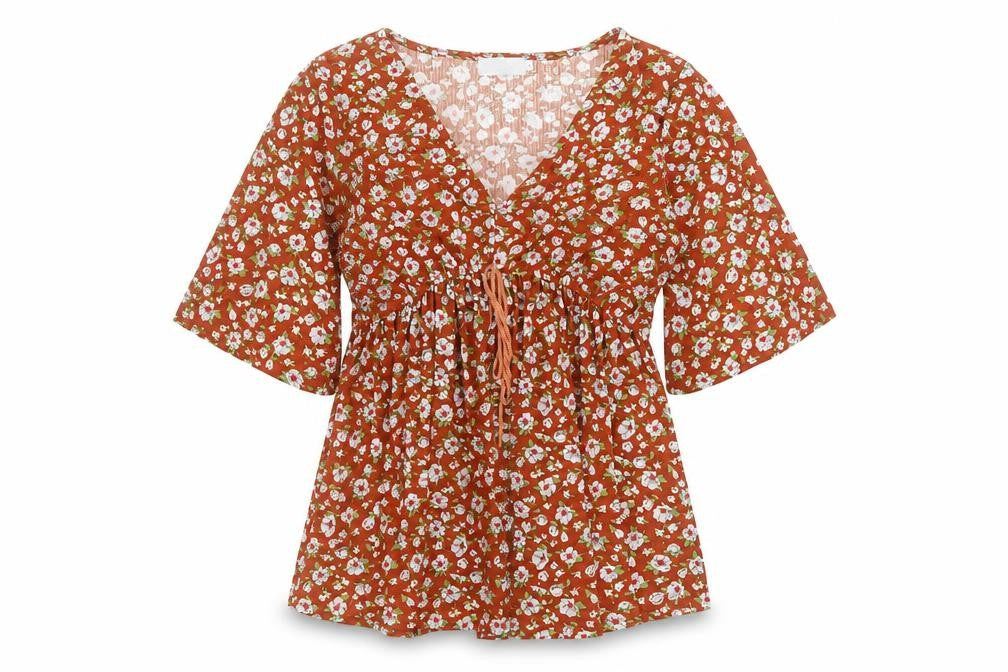Front view of TEMT women’s orange floral a-line, size M