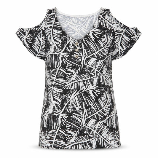 Front view of Peacocks women’s black floral tunic t-shirt, size UK 10, - cut out shoulders