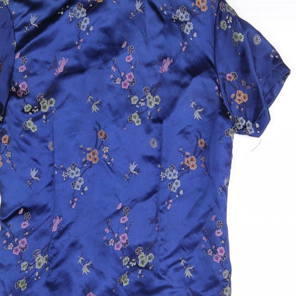 Brand and care label for Double peach women’s blue floral jacket, size S