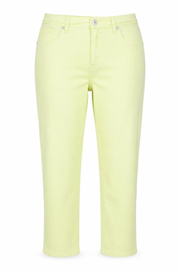 Front view of Style&Co Denim women’s yellow denim capri jeans, size UK 10, 21-inch leg