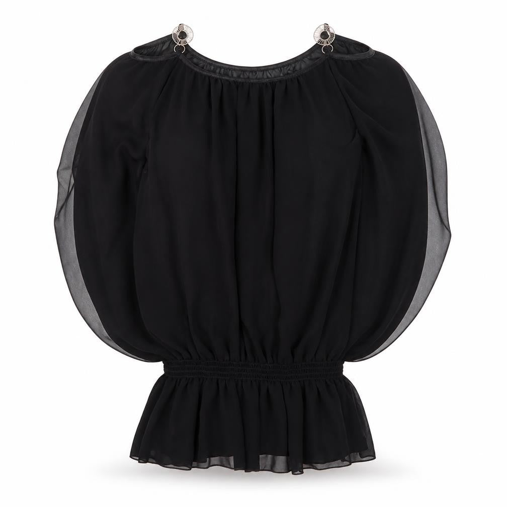 Front view of Preworn women’s black tunic blouse, size S