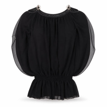 Front view of Preworn women’s black tunic blouse, size S