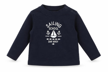Front view of Lupilu Baby Blue Basic T-Shirt, size 3-6, Months - Sailing School