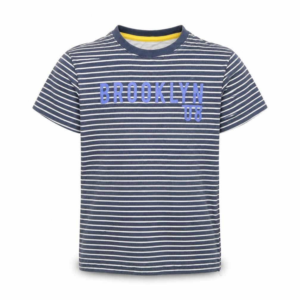 Front view of VERY boys’ blue striped basic t-shirt, size 7-8, years