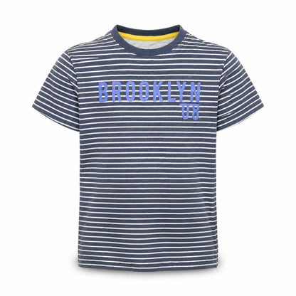 Front view of VERY boys’ blue striped basic t-shirt, size 7-8, years