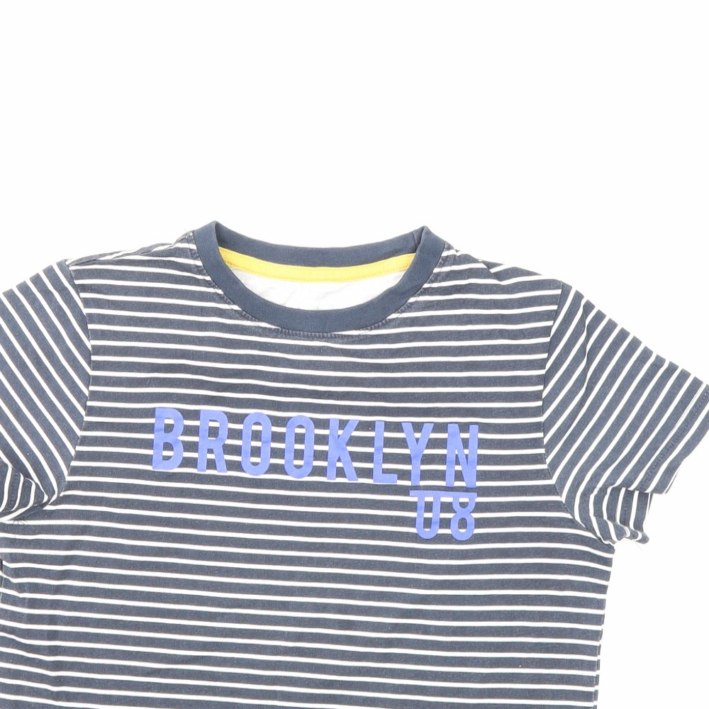 Close-up detail of VERY boys’ blue striped basic t-shirt, size 7-8, years