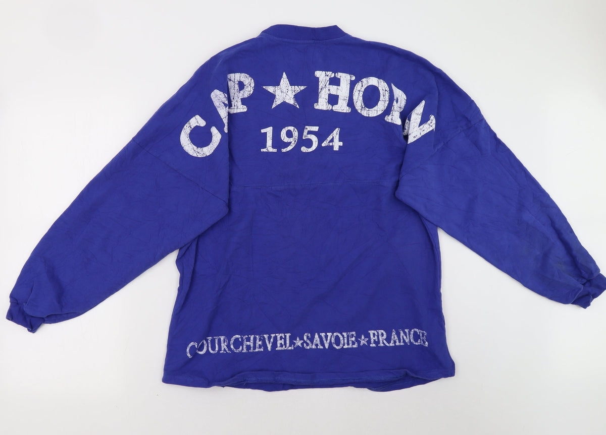 Back view of raja women’s blue pullover sweatshirt, size M