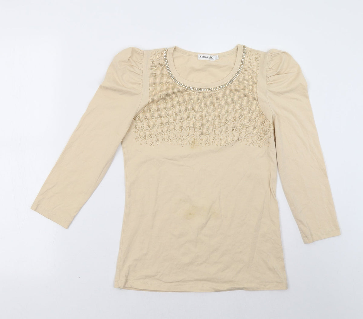 Additional front view of freesia women’s beige pullover sweatshirt, size M