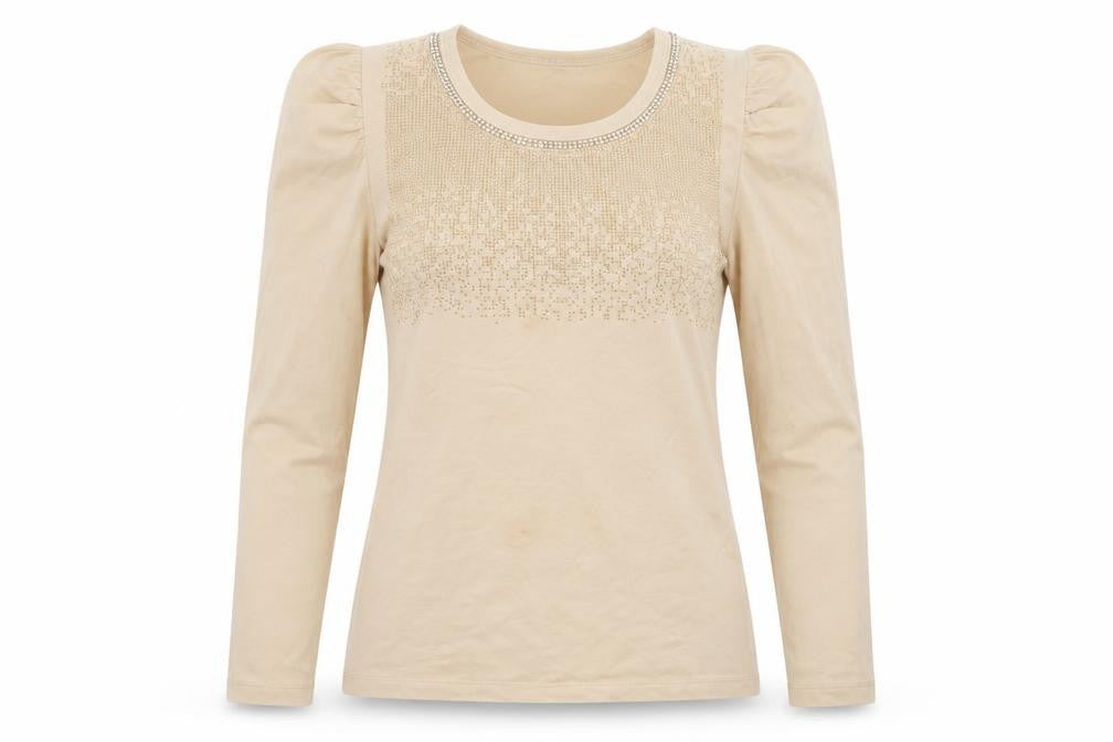 Front view of freesia women’s beige pullover sweatshirt, size M