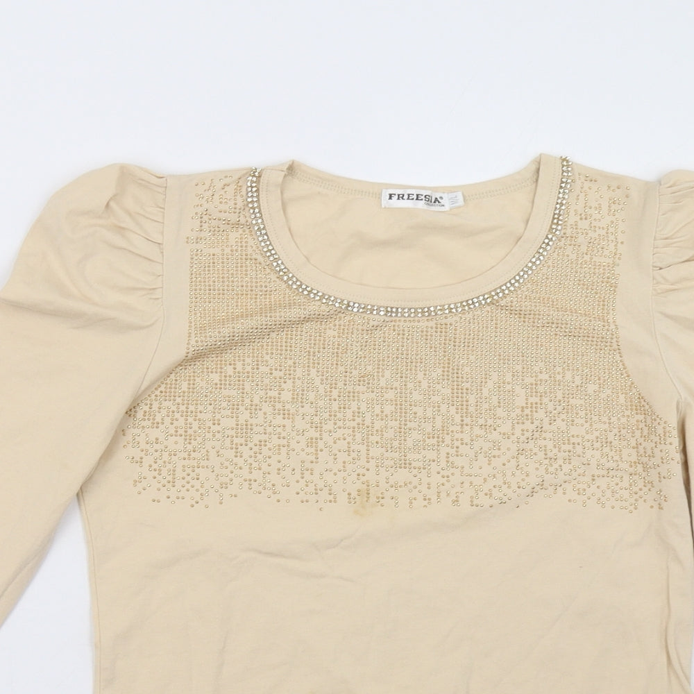 Close-up detail of freesia women’s beige pullover sweatshirt, size M