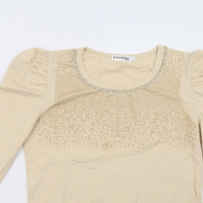Close-up detail of freesia women’s beige pullover sweatshirt, size M