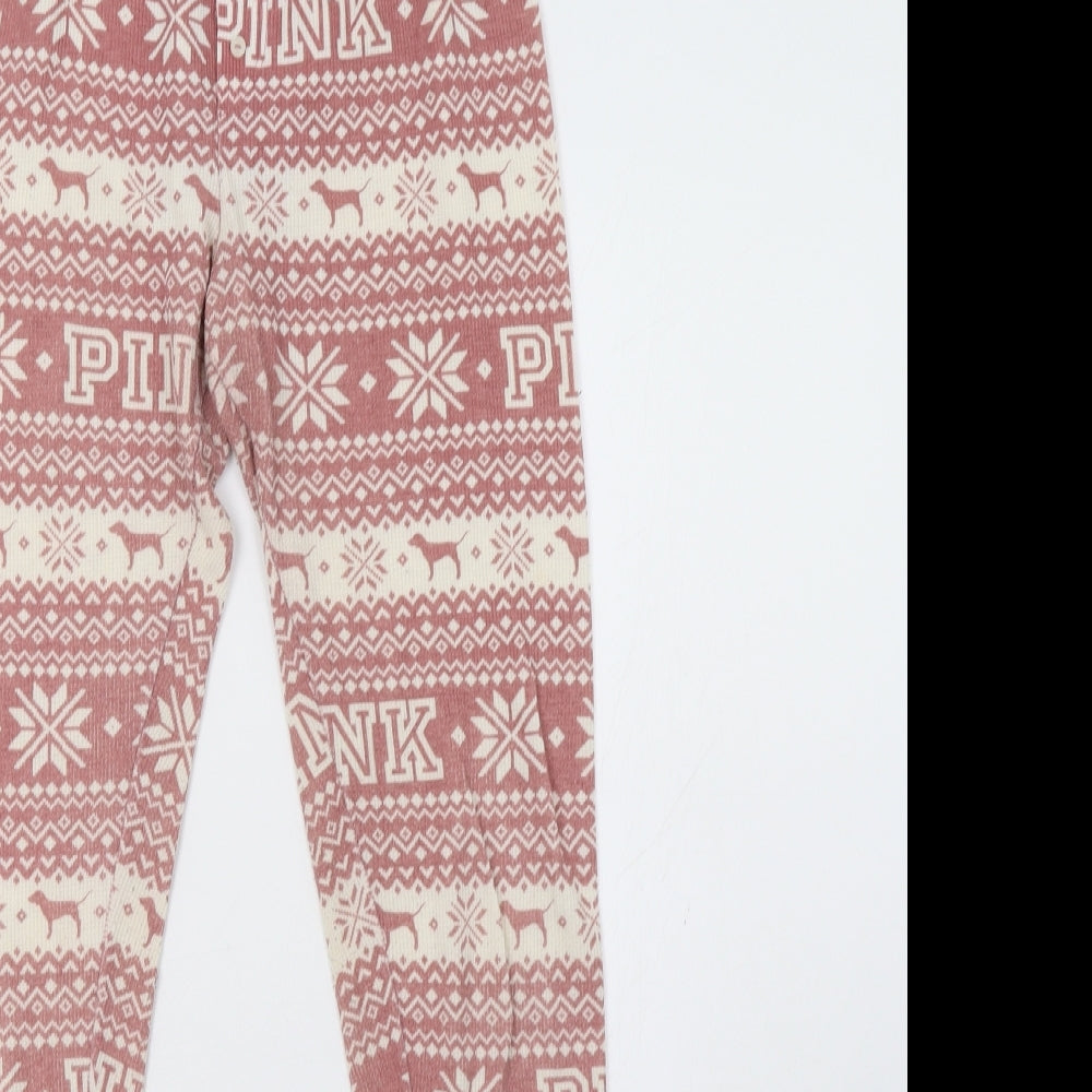 Close-up detail of pin women’s pink geometric pyjama pants, size S
