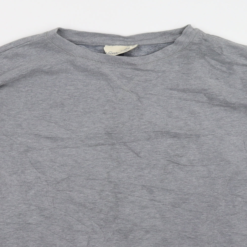 Close-up detail of universal thread men’s grey pullover sweatshirt, size XS