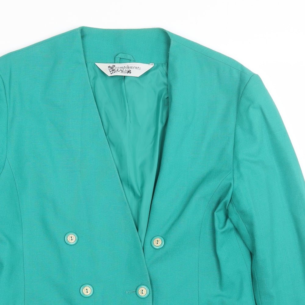 Close-up detail of Compliments women’s green jacket suit, size UK 16