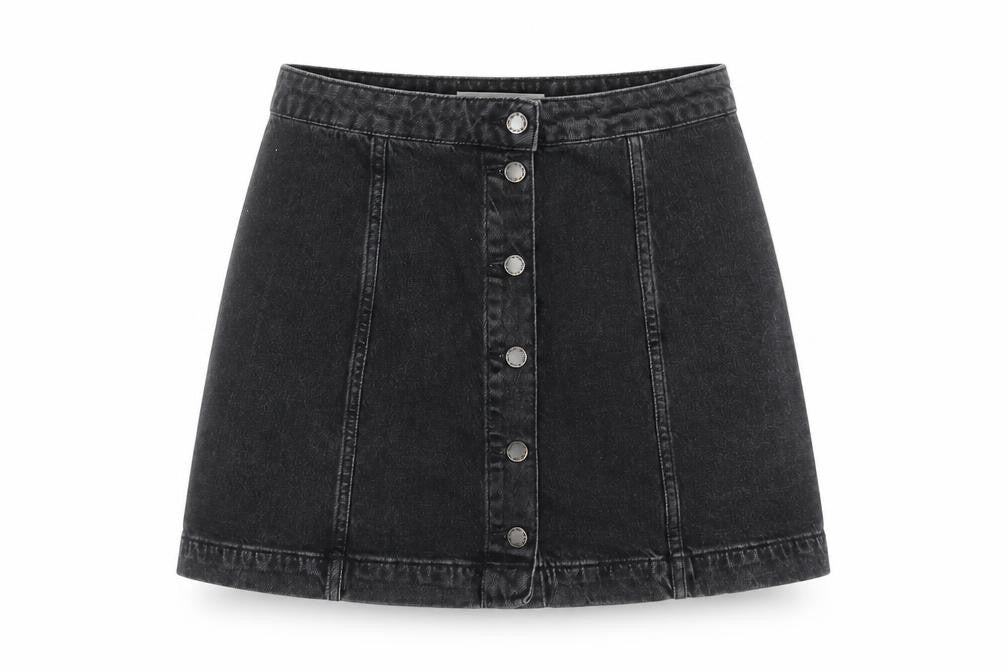 Front view of Topshop women’s grey denim a-line skirt, size UK 30, in