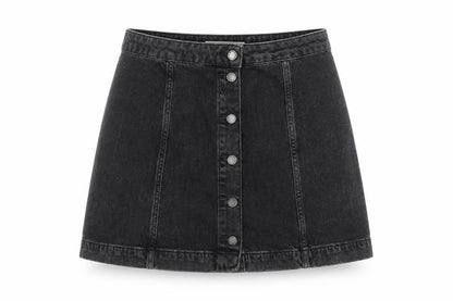 Front view of Topshop women’s grey denim a-line skirt, size UK 30, in